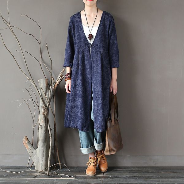 

johnature women jacquard trench chinese style 2019 spring new button full sleeve v-neck cardigan vintage coats pockets trench, Tan;black
