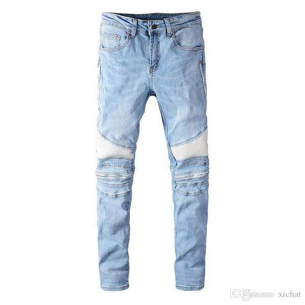 

mens panelled slim fit blue jeans fashion designer distressed skinny motorcycle biker hole beggar hip hop denim pants 630
