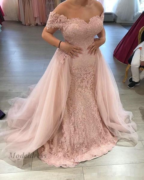

new pink mermaid evening dresses with detachable train overskirt lace appliques tulle off the shoulder capper sleeves formal evening gowns, Black;red