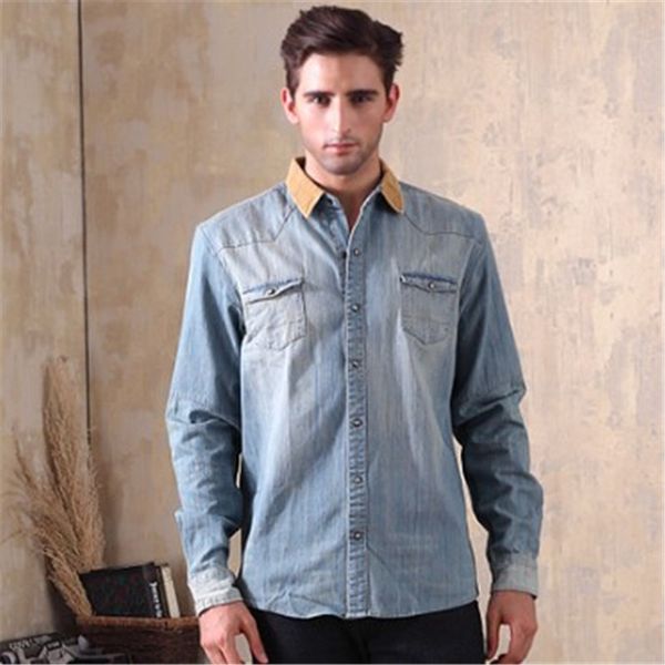 

denim shirts long sleeve loose male cotton vintage button pockets corduroy collar shirts autumn outwear ds50923, White;black