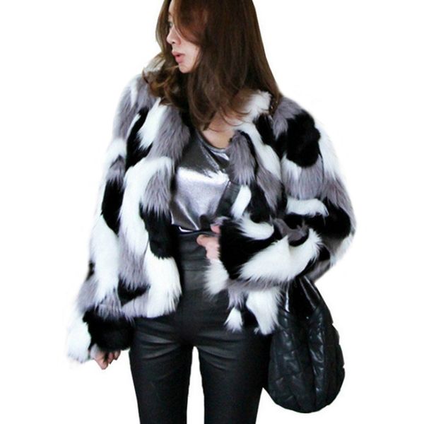 

plus size s-6xl women mixed color faux fur coat fluffy winter casual fur jacket elegant shaggy ladies short outwear coats 2018, Black