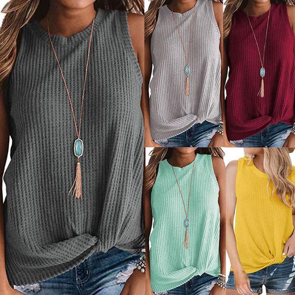 

womail 2020 summer women shirt casual o-neck sleeveless solid vest wild camis ladies brief cute knot tank blouse t-shirts, White