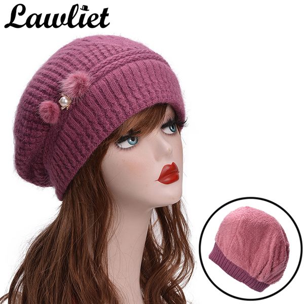 

winter hat women beanies thicken super warm winter knitted beret hats two little fur bobbles adorn fleece inside warm ladies hat, Blue;gray
