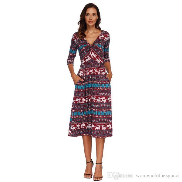 

осень самка printed платье вскользь женские праздники линия платье женщина v шеи длинных платья, Black;gray