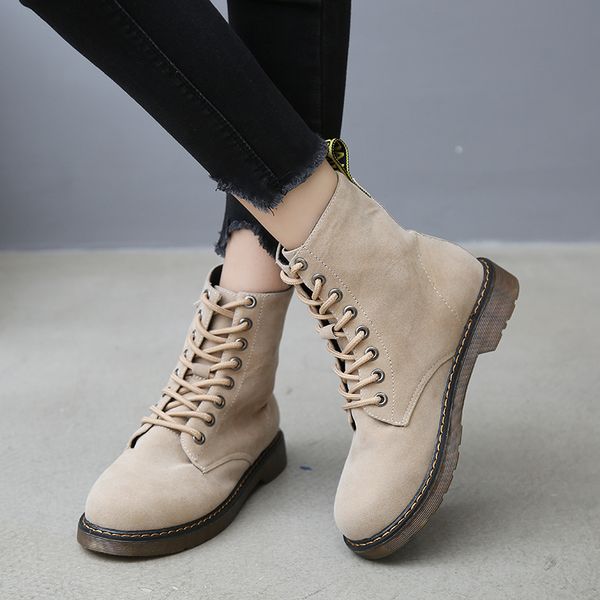 

vintage women lace up ankle boots 2019 autumn winter flock high-shoes woman platform black beige zapatos de mujer