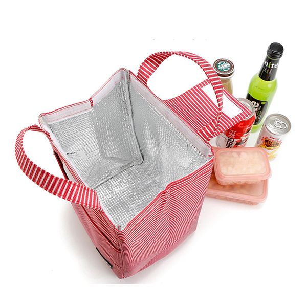 

new fashion striped lunch bag box women tote cold insulated thermal cooler travel work student school picnic bag, Blue;pink