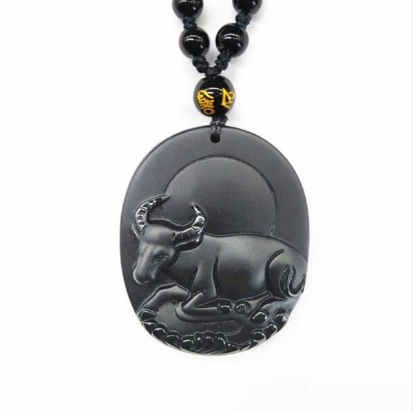 

natural obsidian animal cattle pendant jewelry lucky to ward off evil spirits auspicious amulet jade pendant fine jewelry, Silver