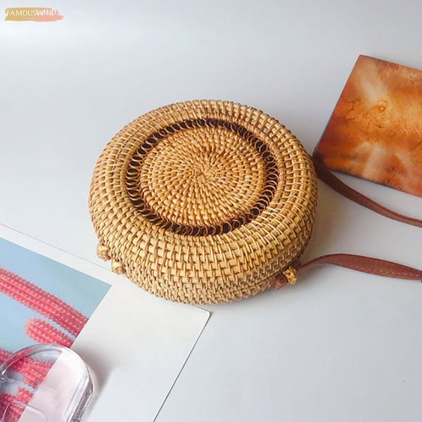 

vintage handmade rattan woven shoulder bags pu leather straps bow hasp holiday beach crossbody bag messengers women handbag