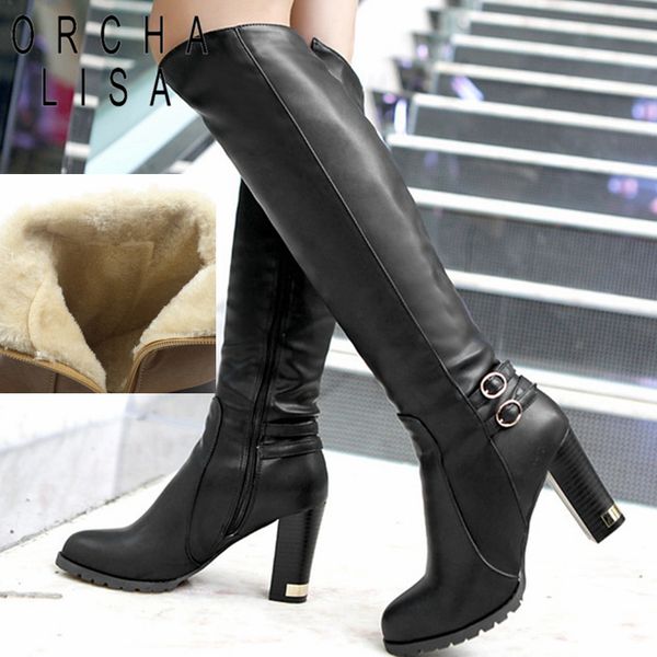 

orcha lisa womens winter fur knee high heel boots zipper warm snow boots long botas feminina black brown cca059