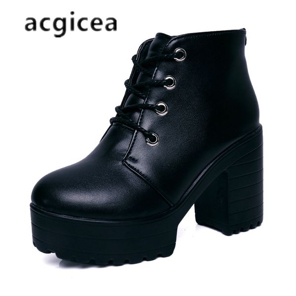 

2018 winter new versatile high heel thick with lace fashion booties women's simple and comfortable high heel boots, Black