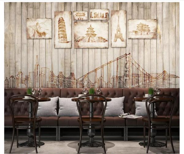 Sfondi 3d personalizzati decorazioni per la casa Foto carta da parati murales Europeo retrò vintage city building plank bar coffee shop background wall