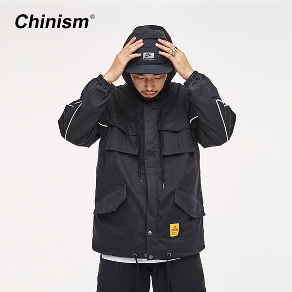 

chinism multi pockets bullseye printed hooded jacket male loose streetwear outwear jackets 2019 back target outfits, Tan;black