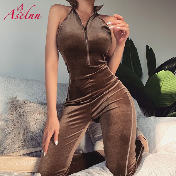 

aselnn женщин сексуальный с плеча без рукавов комбинезон осень зима тощий velvet zipper rompers комбинезон эластичный костюм для подвижных и, Black;white