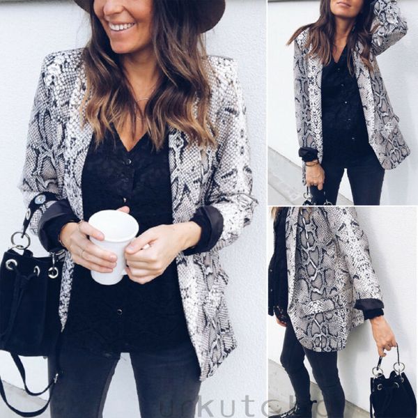 

2019 women's slim suit casual long sleeve python print blazer long sleeve jacket coat outwear, White;black