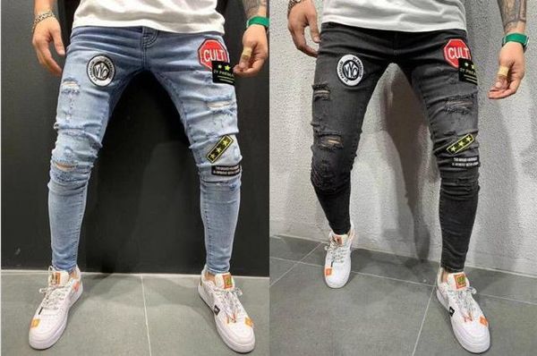 

mens designer patches panelled jeans male stretch skinny hole pencil pants fashion homme street style jeans, Blue