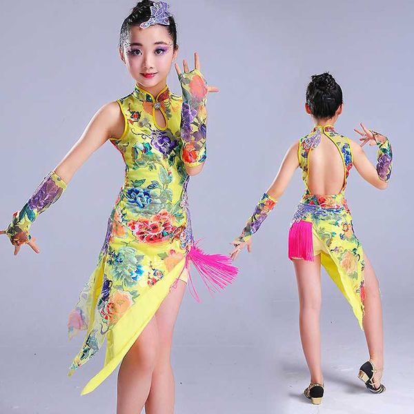 

китайский стиль дети латинский танец платье cheongsam нерегулярное кисточкой бальный костюм для девочек конкурс платьев девушки dl5179, Black;red