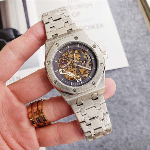 

wholesale mens designer watch stainless steel skeleton dial automatic movement mechanical open back male sport wristwatch clock, Slivery;brown