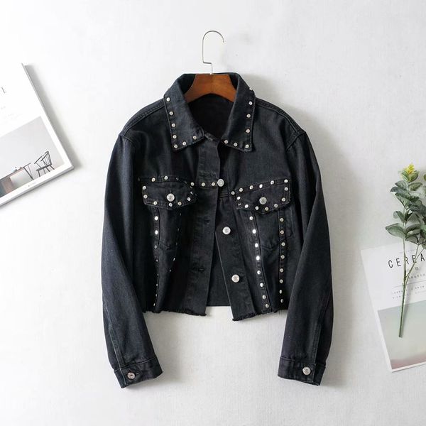 

apperloth chic black denim jacket rivet pockets tassels long sleeve jean jackets 2018 autumn casual women coats and outerwear, Black;brown