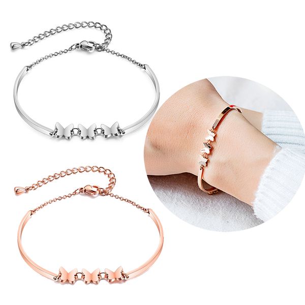 

women stainless steel charm bracelets bohemian lolita rose gold butterfly link chain cuff bangle bracelet wristband circlet jewelry gift, Black