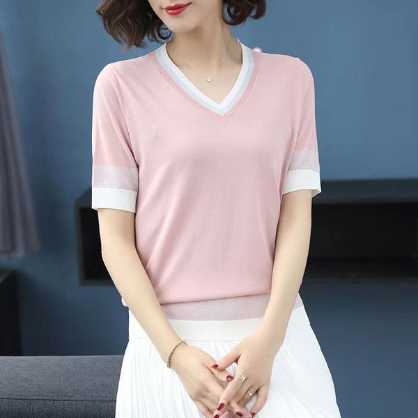 

ледяной шелк лето с коротким рукавом трикотажные топы женщины прохладный v-образным вырезом пуловеры джемпер женский тянуть свитера тонкий п, White;black