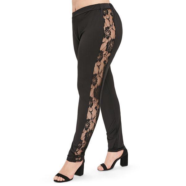 

women trouser plus size leggings slim side lace panel legging high elasticity skinny straight pant black high waist legging
