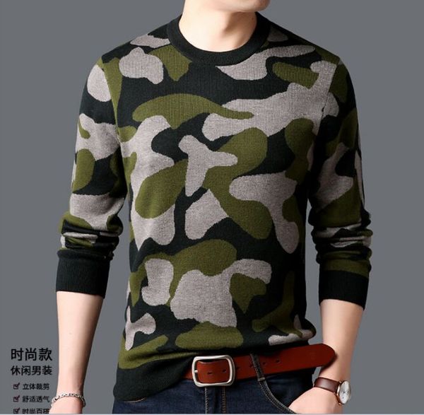 

discount promotion new men's sweater camouflage printing round neck casual bottoming sweater slim men's clothing, White;black