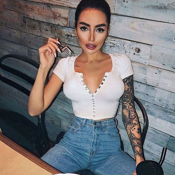 

2019 new style fashion women's v-neck solid slim short sleeve crop button blouse clubwear, White