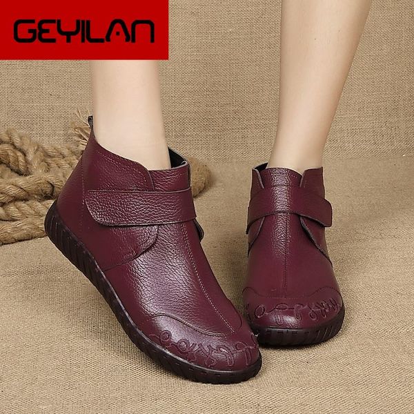 

2019 handmade 100% genuine leather winter women boots botas mujer solid slip on snow ankle boots shoes flat, Black