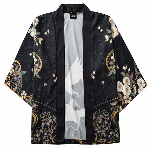 

2020 streetwear japanese kimono jacket flying crane print harajuku hip hop men jacket japan clothing summer thin loose kimono, Black;brown