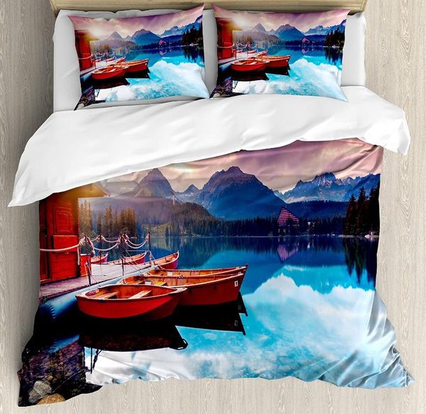 

landscape duvet cover set peaceful mountain lake with majestic sky and mountains south asia romantic view bedding set multicolor