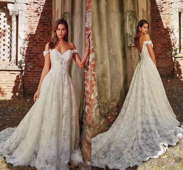 

backless summer beach off the shoulder full lace wedding dresses a-line lace appliques with court train long bridal gowns, White