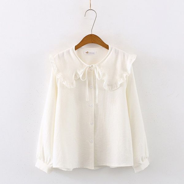 

cotton long sleeve womens and blouses autumn fashion ruffle shirt korean casual solid color office lady work shirts, White