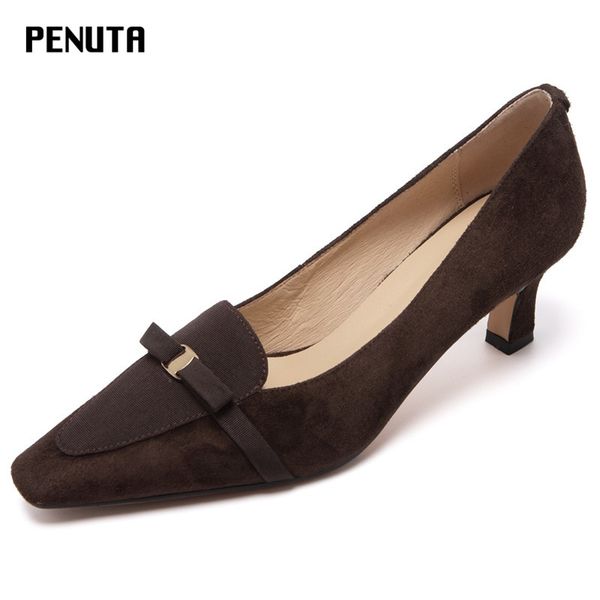 

penuta square toe women high heel vintage shoes bow tie suede leather ladies office shoes sell fashion pumps new 2020, Black