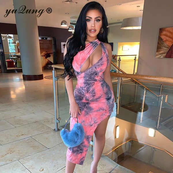 

yuqung tie dye print one shoulder hollow out irregular wrap bodycon dress 2020 women party club dress streetwear outfits, Black;gray