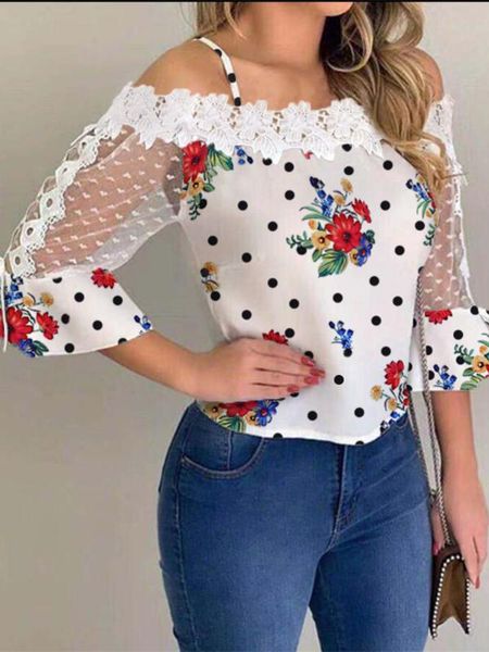 

2020 autumn women elegant stylish party female fashion basic casual shirt cold shoulder mesh insert dots floral print blouse, White