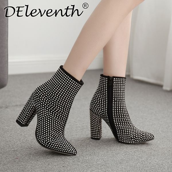 

deleventh woman's luxury design boots in 2019 block high heels high lined shoes ankle boots shiny black crystal