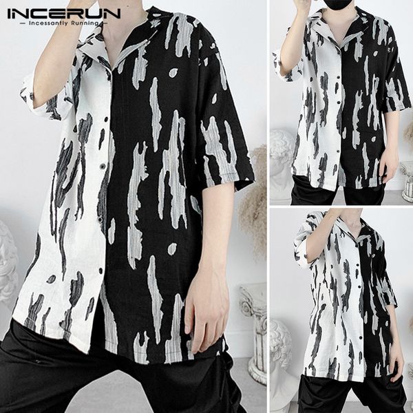 

incerun man ethnic lapel short sleeve shirts men patchwork vintage shirts man black and white button up chic streetwear blouse, White;black