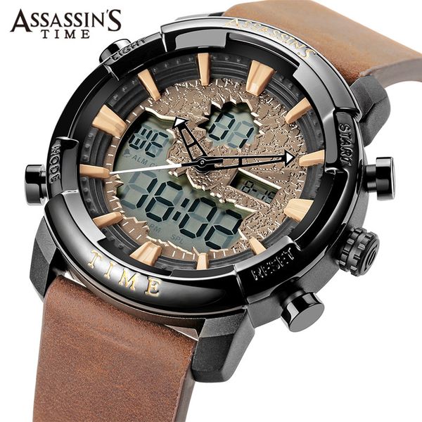 

man watch sports leatherdual display electronic digital dial men's watch 2019 relogio masculino kol saati men's wristwatch clock, Slivery;brown