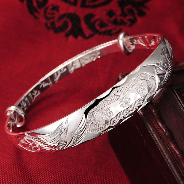 

999 full silver fu shou lu dragon and phoenix bracelet female mothers day to send mother sterling silver bracelet old carp silver bracelet, Golden;silver