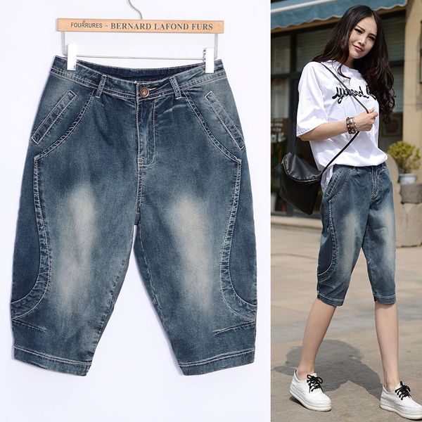 

denim capris лета женщин сыпучие повседневный джинсы середина талии синий цвет vintage мода плюс размер джинсы capris шаровары, Blue