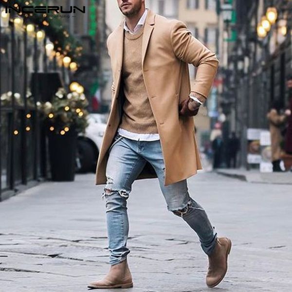 

incerun fashion men outerwear long sleeve solid british style jackets winter windbreaker business men long trench coats hombre, Tan;black