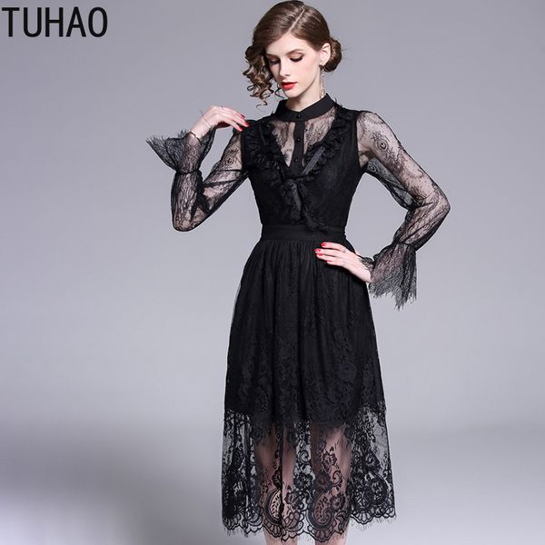 

tuhao black lace elegant women vestidos woman party dresses dress summer midi ladies casual lace large size female dress wm67, Black;gray