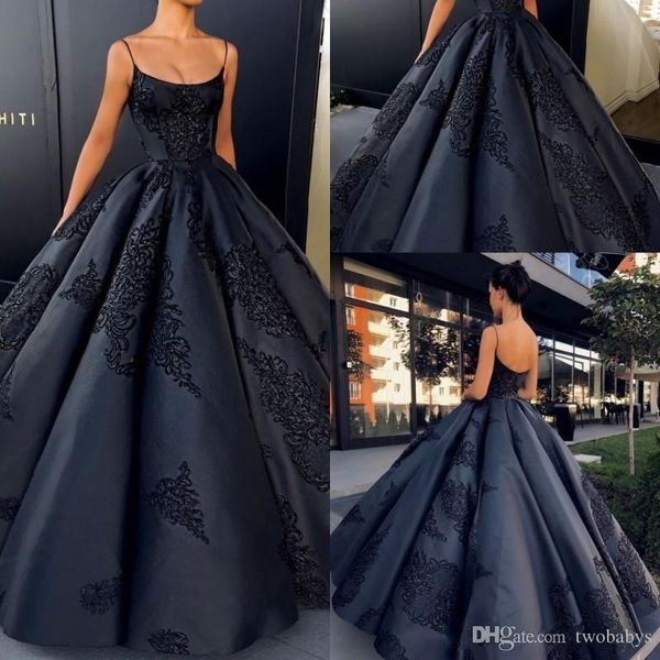 

2018 black spaghetti straps satin ball gown evening dresses sleeveless lace appliques backless prom quinceanera dresses plus size gowns, Red