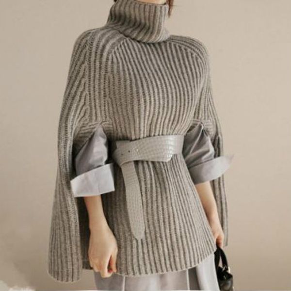 

solid color batwing cloak sleeve cape sweater turtleneck women fashion pullover stylish winter new ladies knitwear sueter femme, Black