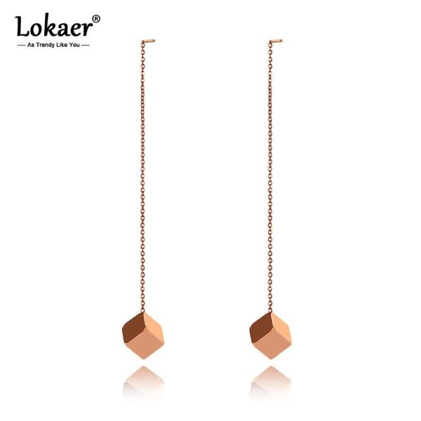 

lokaer trendy titanium stainless steel square long tassel earrings for women girls creative chain dangle earring jewelry e19296, Silver