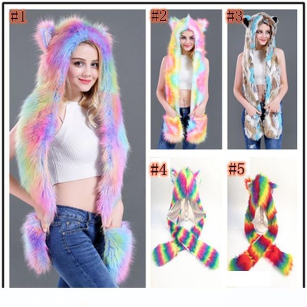 

women colorful faux fur hat up hood animal rainbow hat wolf plush warm animal cap with scarf gloves party scarf mittens zza898, Blue;gray
