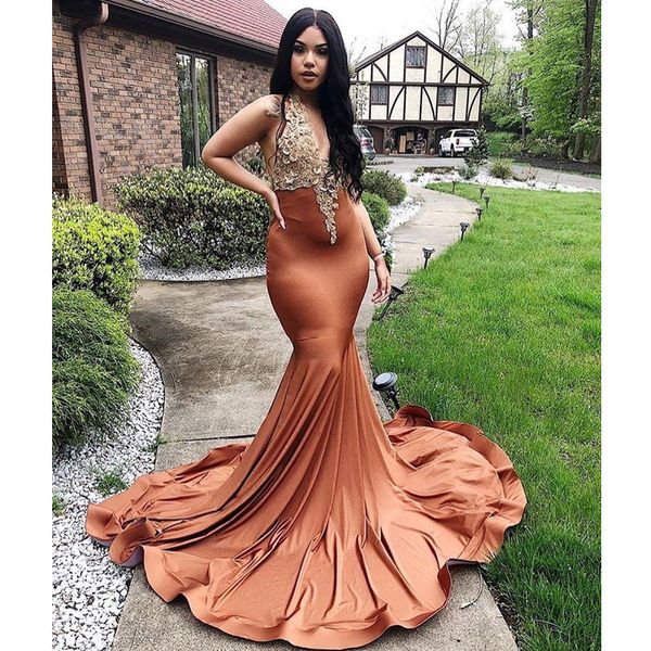 

new designer charming mermaid prom dresses v neck halter appliqued evening gowns plus size sweep train satin party formal dress abendkleid, Black;red
