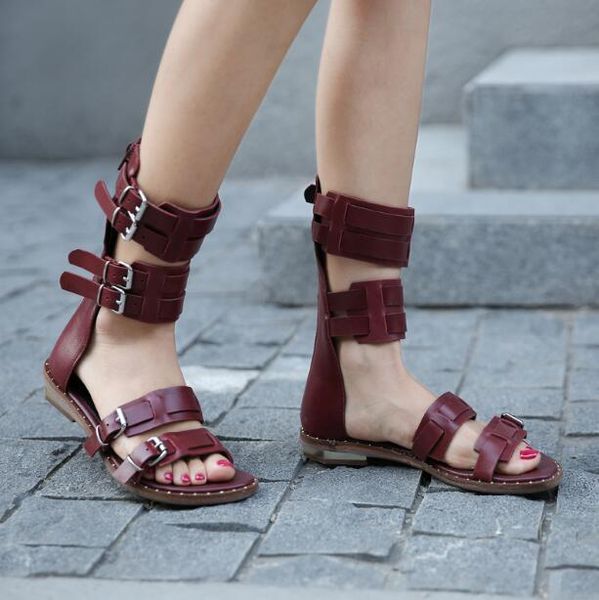 

all-match flat sandals women summer burgundy/black/yellow rome a word buckles woman retro strap buckle short cool boots lady