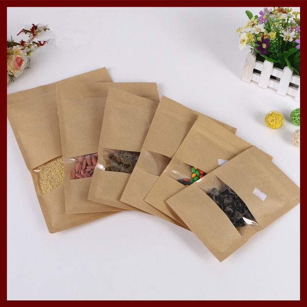 

12*20 50pcs brown self zip lock kraft paper bags with window for gifts sweets and candy jewelry retail package paper