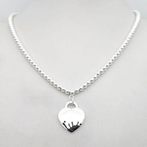 

sterling silver 925 classic fashion black enamel water splash heart-shaped lady 4mm ball bead necklace